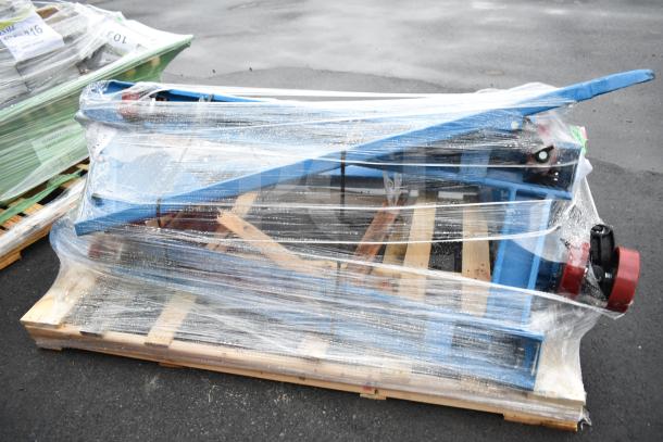2 Lavex 481XN25DF1600 manual pallet jacks, 27"x63" forks, 5,500 lb. capacity, new scratch and dent, wrapped on a pallet.