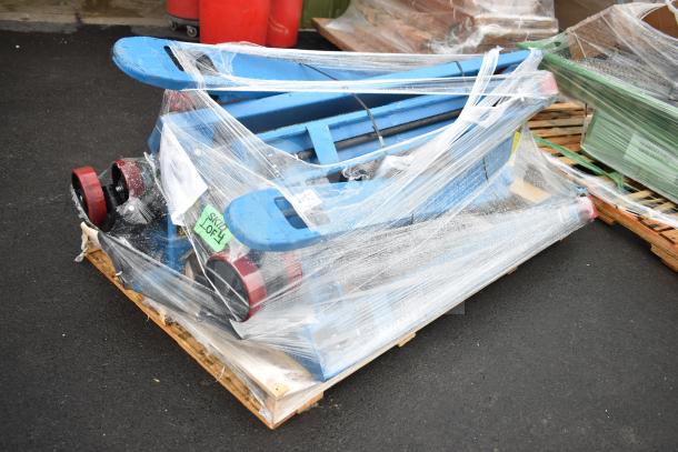 Brand new Lavex 481XN25DF1600 pallet jack, 27" x 63" forks, 5,500 lb capacity. Blue, wrapped, scratch and dent condition.