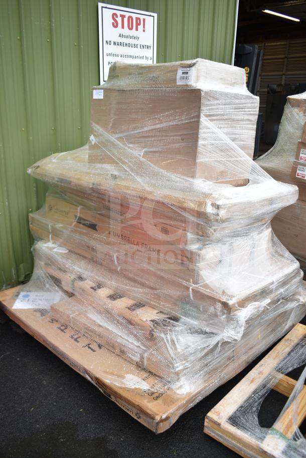 Pallet of 14 brand new scratch and dent items, including folding table and under shelf, wrapped in plastic for auction.