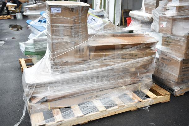 Stack of 8 new scratch and dent items including shelves, bar stool, and speed rail, wrapped on a pallet. Labels visible.