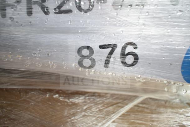 Plastic-wrapped items labeled "876," containing 8 new scratch and dent items including shelves and bar stool.