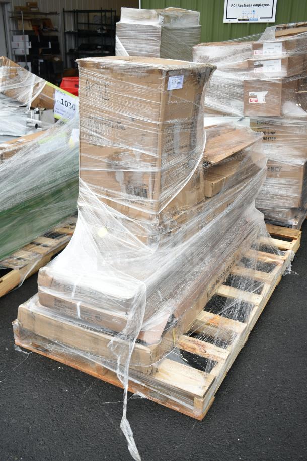 Shrink-wrapped pallet with 8 brand new, scratch and dent items including bar stool, shelves, and speed rail.