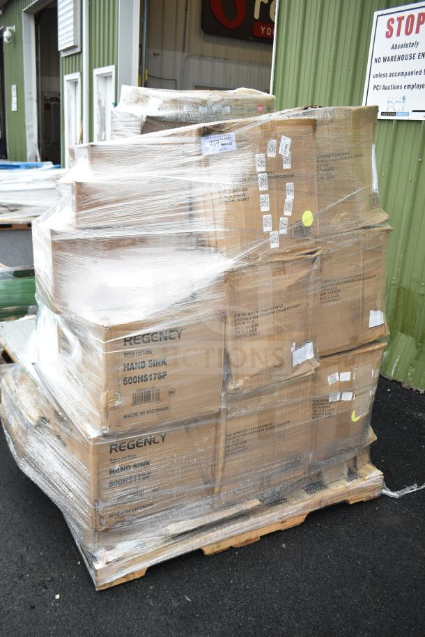 Pallet of 12 scratch-and-dent items, including Regency hand sinks. Boxes labeled with model G00HS17SP, wrapped in plastic.