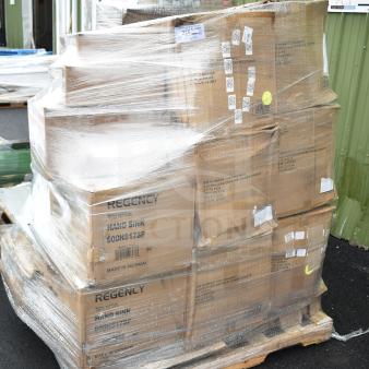 Pallet of 12 scratch-and-dent items, including Regency hand sinks. Boxes labeled with model G00HS17SP, wrapped in plastic.