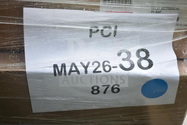 Pallet covered in plastic wrap with a label reading "PCI MAY26-38 876." Contains 12 scratch and dent items including bar stool, shelves.