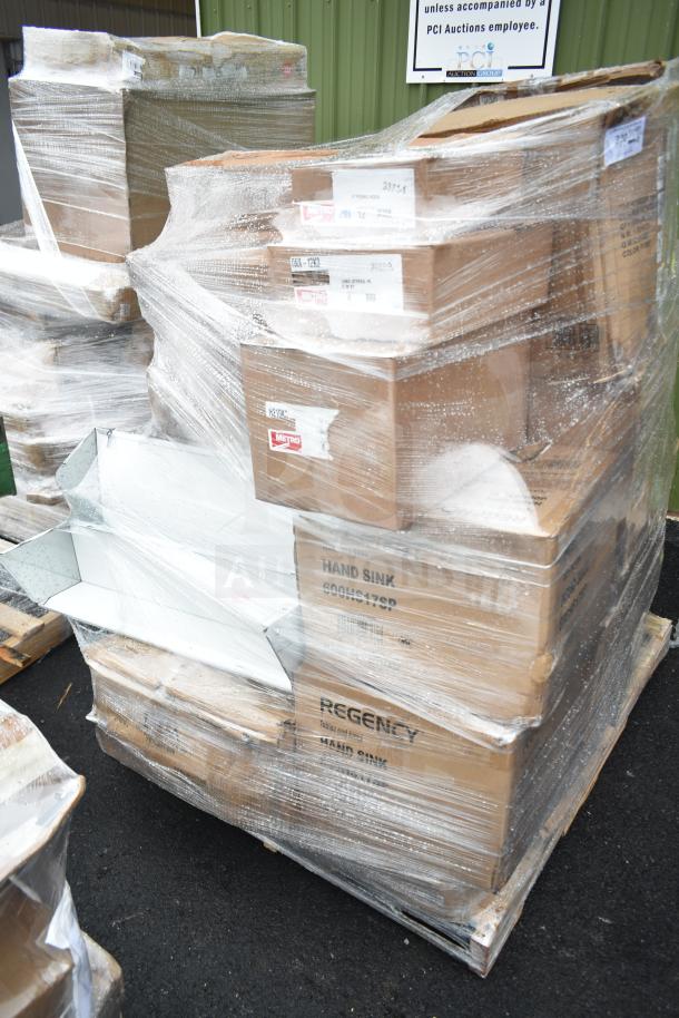 Pallet of 12 boxed items including bar stool and support shelves, new with scratch and dent, shrink-wrapped for auction.