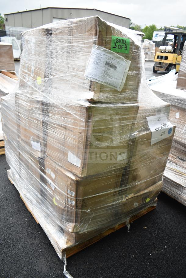 Pallet with 12 new items, including bar stool and shelves, wrapped in plastic. Labels show "Skid 3 of 4," marked for auction.