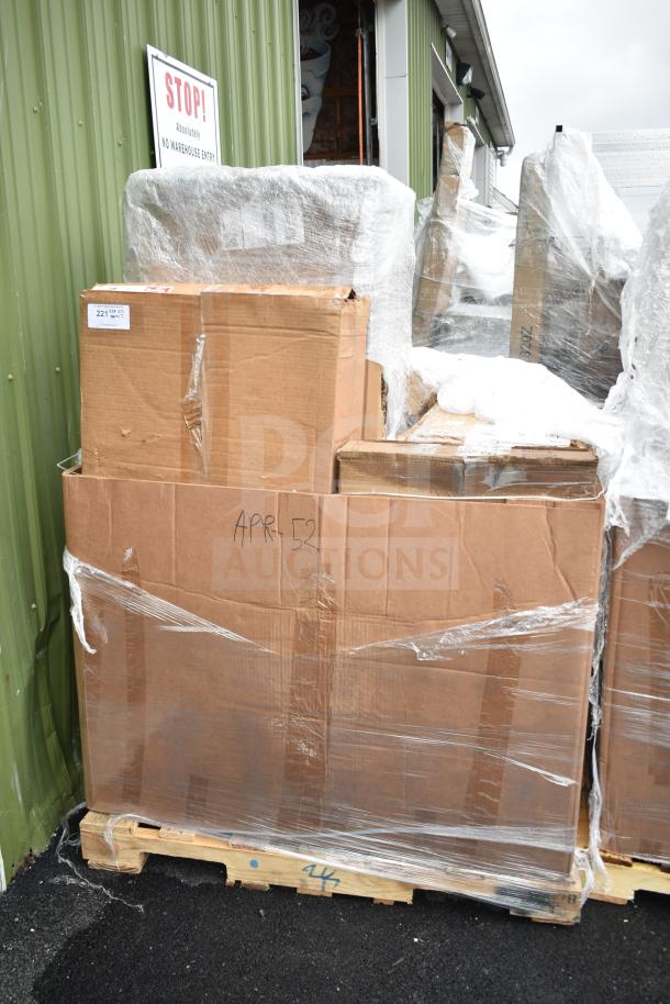 7 brand new scratch and dent items, including dish table and sneeze guard, on a pallet. Marked "APR-52."