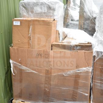 7 brand new scratch and dent items, including dish table and sneeze guard, on a pallet. Marked "APR-52."