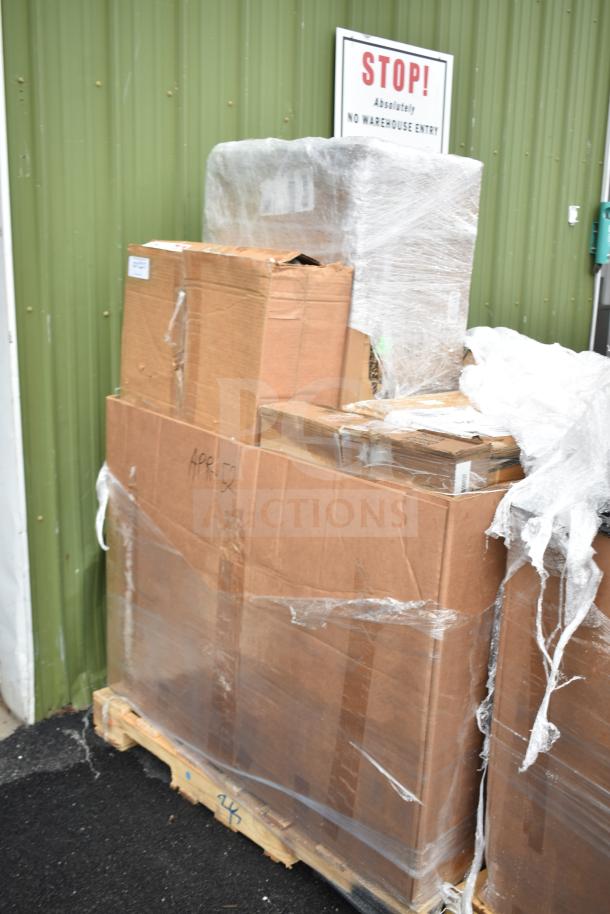 Pallet with seven brand new scratch and dent items, including a dish table and sneeze guard, in wrapped boxes, labeled APR-52.