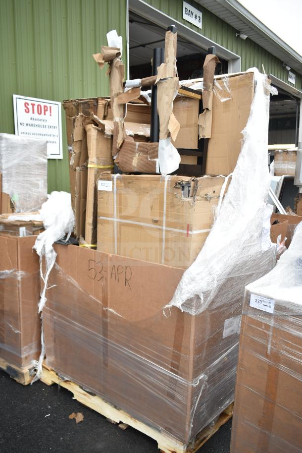 Pallet of 8 new scratch and dent items, including ice bin and tabletop, wrapped in plastic. Marked "53 APR."