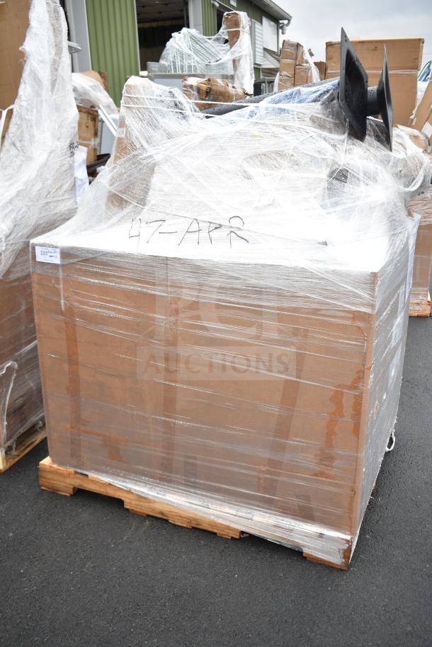 Pallet of 11 new scratch and dent items, wrapped in plastic. Includes table base pieces, blue chair. Marked "47-APR."
