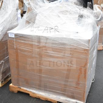 Pallet of 11 new scratch and dent items, wrapped in plastic. Includes table base pieces, blue chair. Marked "47-APR."