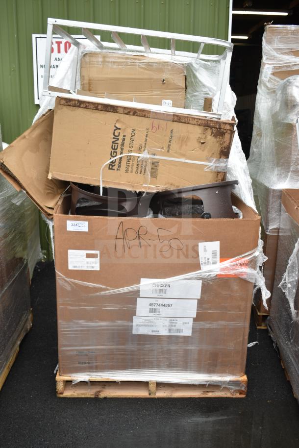 Auction lot of seven new scratch and dent items, including Regency waitress station and work table, boxed on pallet, labeled "APR-50".