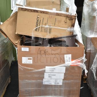 Auction lot of seven new scratch and dent items, including Regency waitress station and work table, boxed on pallet, labeled "APR-50".