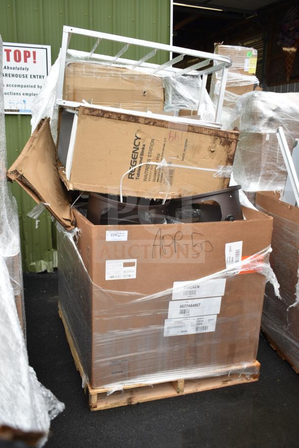 7 brand new scratch and dent items on pallet, including Regency waitress station and work table. Labeled "APR-50".