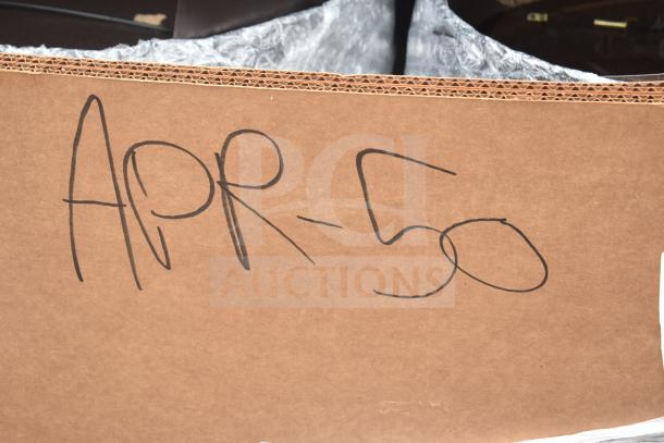 Cardboard box with black marker writing "APR-50". Part of a lot of seven new scratch and dent items, including a work table and waitress station.