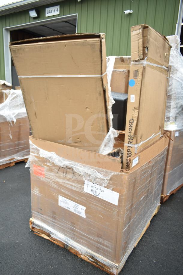 Nine new scratch and dent sheet pan racks in boxed packaging. Visible labels: "APR-45," barcode, and other markings.