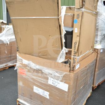 Nine new scratch and dent sheet pan racks in boxed packaging. Visible labels: "APR-45," barcode, and other markings.