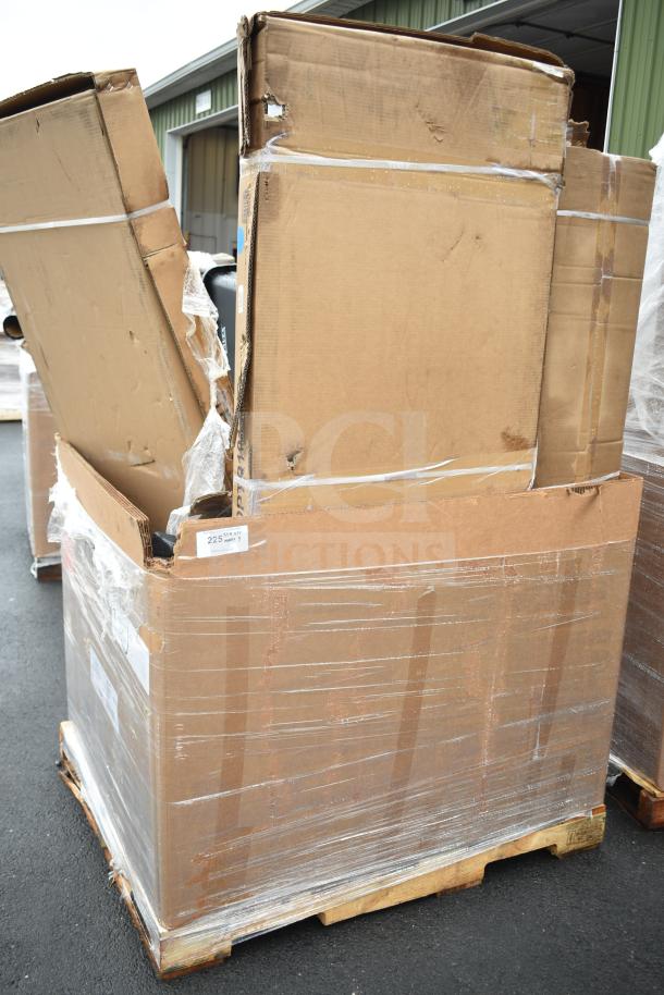 Pallet of 9 new scratch and dent items, including sheet pan racks, in original packaging with minor damage.