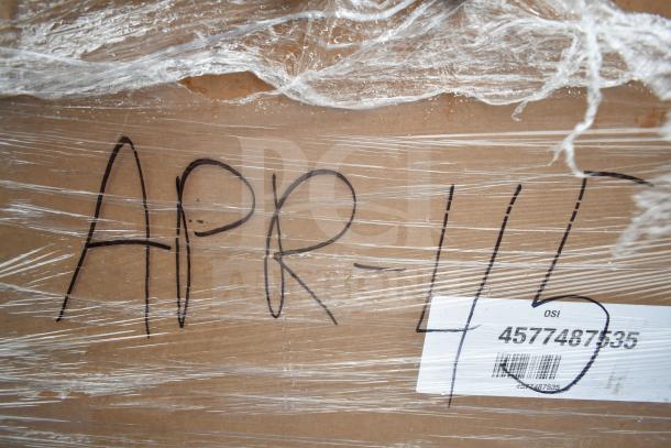 Pallet wrapped with plastic labeled "APR-45," contains 9 new scratch and dent items, including sheet pan racks. Barcoded.