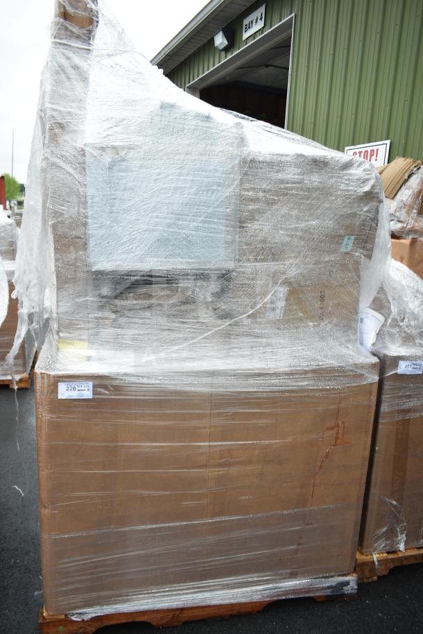 Pallet with 8 scratch and dent items wrapped in plastic, including a sink and ice bin; condition appears new.