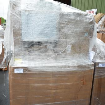 Pallet with 8 scratch and dent items wrapped in plastic, including a sink and ice bin; condition appears new.