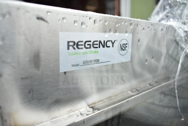 Regency NSF-certified sink with model number 600IB1836, stainless steel, minor scratches, shown with manufacturer's label.