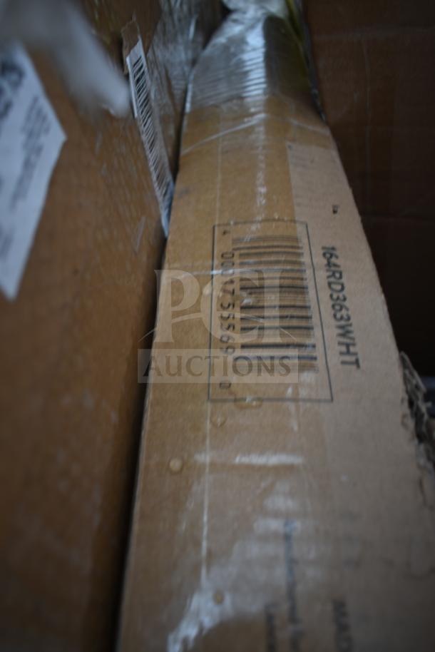 Brown shipping box labeled 164RD363WHT containing 8 brand new scratch and dent items, including a sink and ice bin.