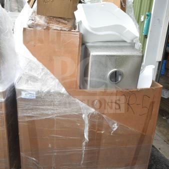 Pallet of nine scratch-and-dent items, including a metal sink and white shelves. Marking reads "APR-51."