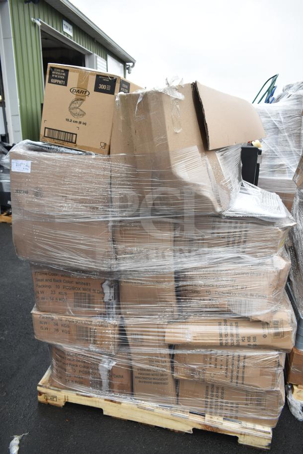 Palette of 17 boxes containing various new folding chairs, wrapped in plastic, showing visible scratch and dent signs.
