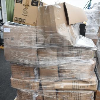 Palette of 17 boxes containing various new folding chairs, wrapped in plastic, showing visible scratch and dent signs.