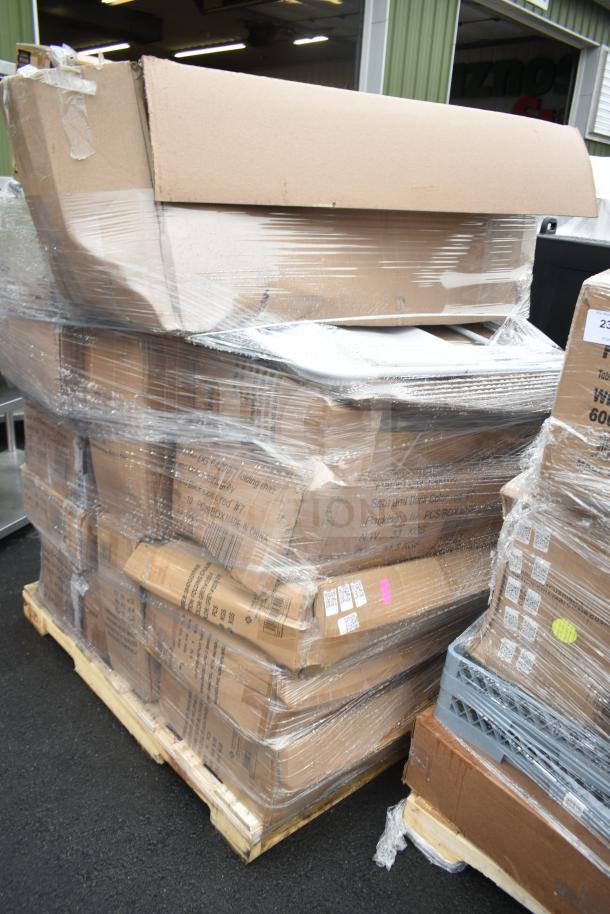 Plastic-wrapped pallet with 17 brand new folding chairs in boxes, marked as scratch and dent items.