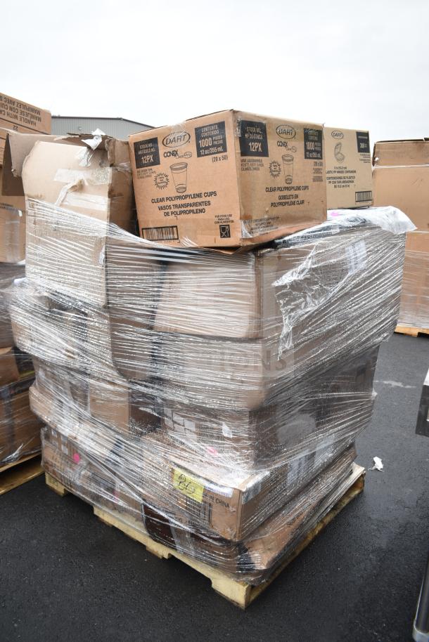 Pallet of 17 new scratch and dent items wrapped in plastic, including various folding chairs in cardboard boxes.