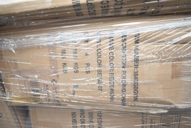 Sealed cardboard boxes containing new folding chairs. Labels indicate model, color beige, item number 384GBG.