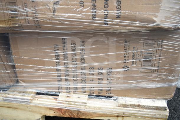 17 new scratch-and-dent folding chairs, in original packaging. Lancaster brand, black vinyl, steel frame, assorted details visible.