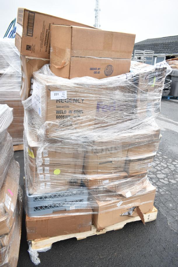 Pallet of 30 new scratch and dent boxes, wrapped in plastic, containing various items like glasses and tumblers.