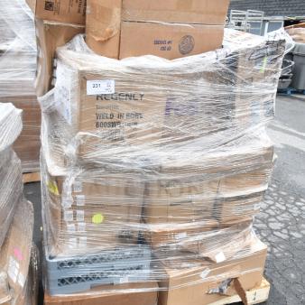 Pallet of 30 new scratch and dent boxes, wrapped in plastic, containing various items like glasses and tumblers.