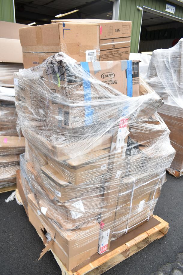 Pallet of assorted brand new scratch and dent items, including boxes of glasses and tumblers, wrapped in plastic film.