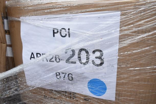Box labeled "APR26-203" wrapped in plastic, contains 30 new scratch and dent items, including glasses and tumblers.