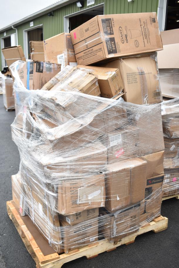 Pallet of 30 scratch and dent items, including glasses and tumblers, wrapped in plastic. Various boxes with visible labels.