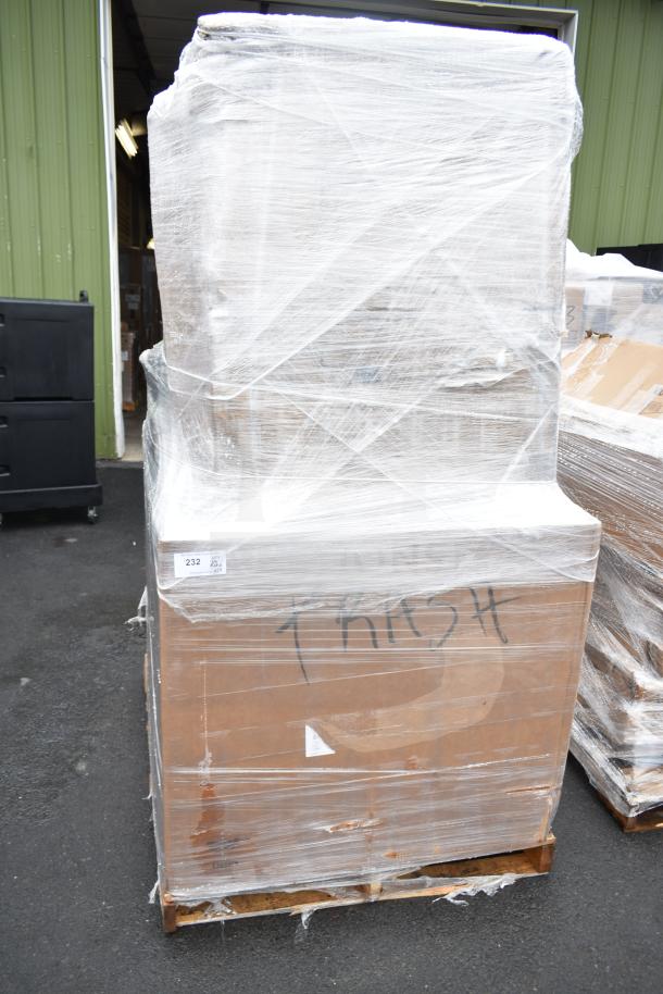 Pallet of 15 new scratch and dent items including a chair and liquor display rack, wrapped in plastic with handwritten markings.