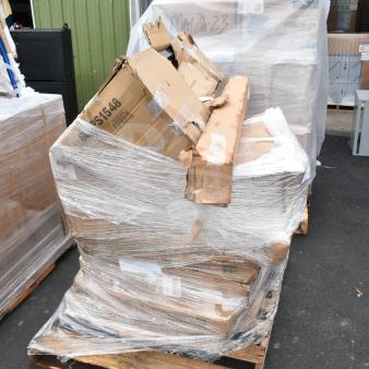 9 scratch and dent items, including Flash Furniture Lars 30" round birchwood cocktail table, on a pallet with packaging.