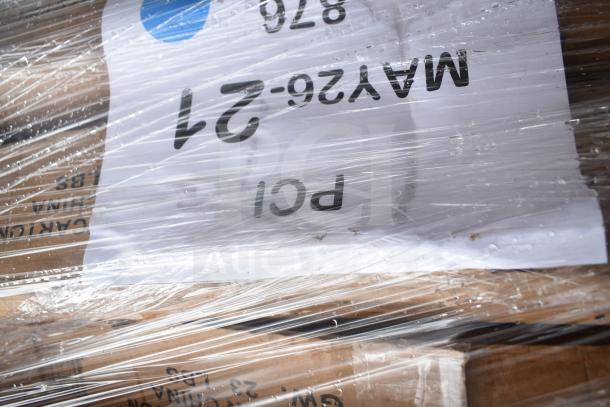 Plastic-wrapped pallet of mixed items including Flash Furniture Lars 30" Round Birchwood Cocktail Table. Label reads "MAY26-21".