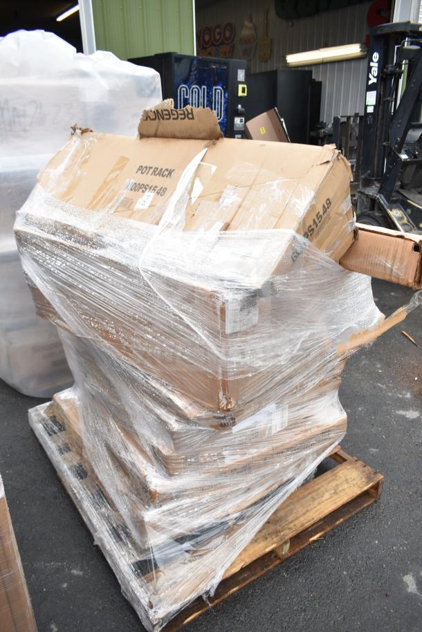 Pallet of 9 brand new scratch-and-dent items, including Flash Furniture Lars 30" round birchwood cocktail table, shrink-wrapped.