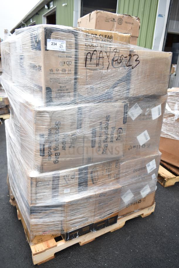 Pallet of 26 new scratch and dent items including napkins, cold cups, take-out containers. Marked "MAY26-23".