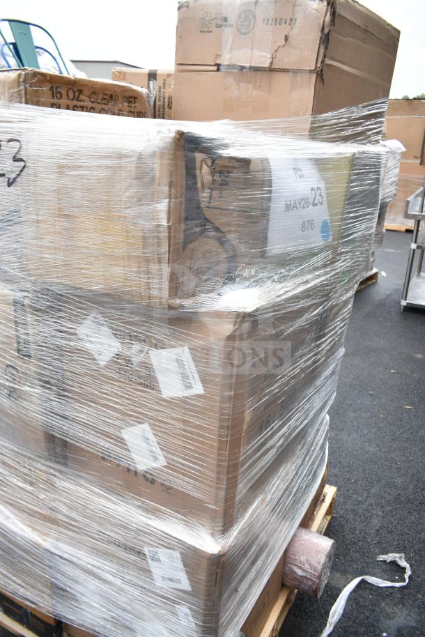 Pallet of 26 brand new scratch and dent items, including napkins, cups, and containers, wrapped in plastic. Label: MAY26-23.