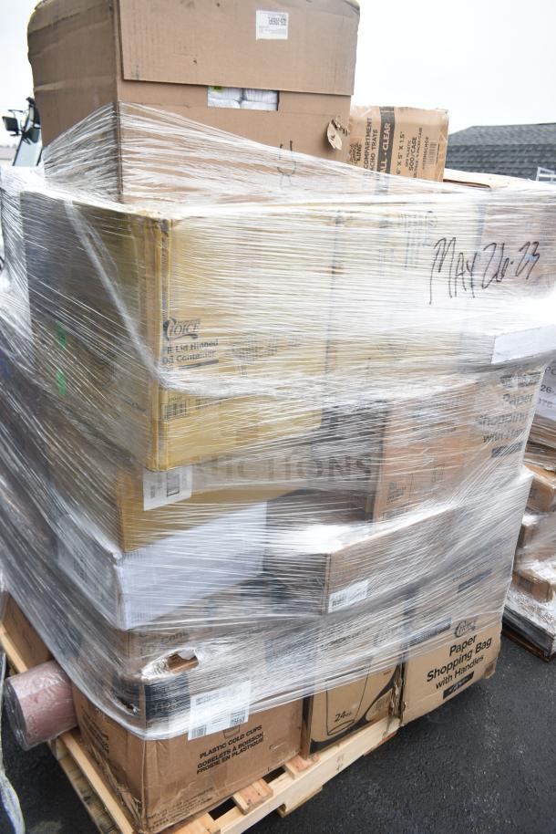 Shrink-wrapped pallet of 26 scratch and dent items including napkins, cold cups, and take-out containers, dated May 26-23.