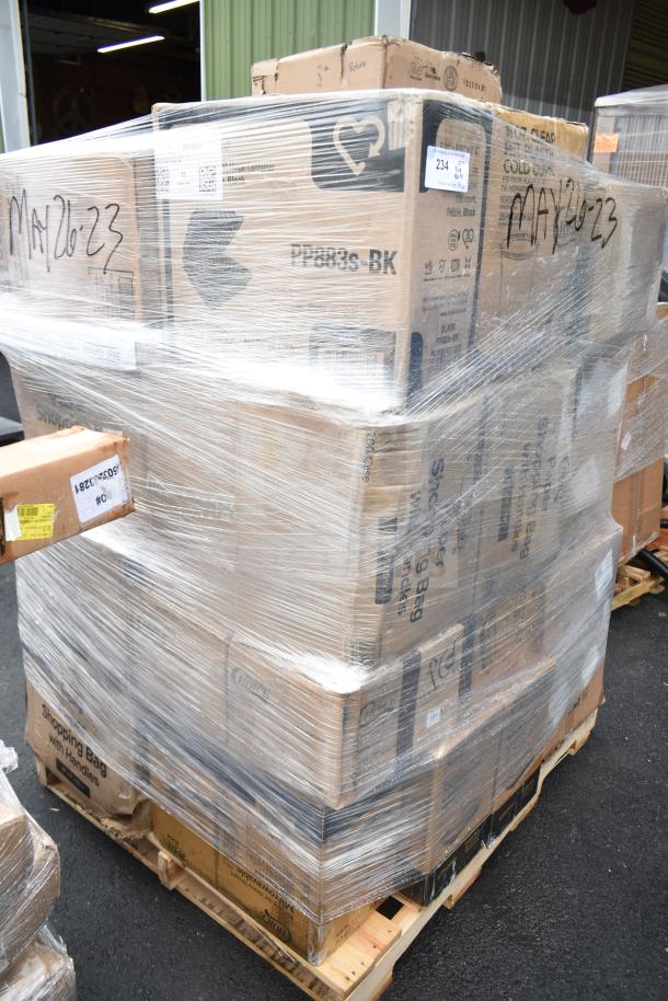 Pallet of 26 brand new items including napkins, cold cups, take out containers; labeled "MAY26-23," wrapped for shipping.