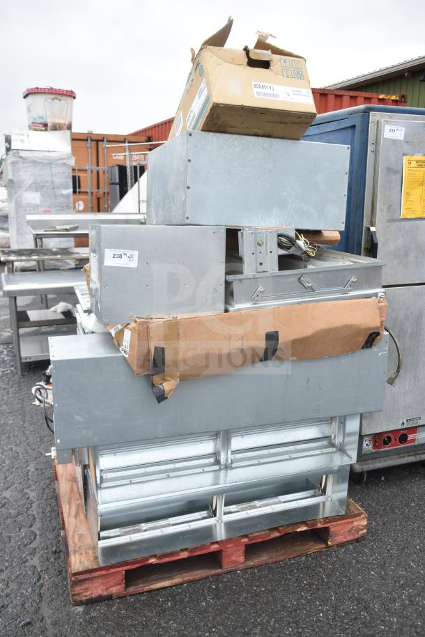 Stack of 13 various HVAC items including BSQ60TVJ branch box and Greenheck fire damper on a pallet, tags visible.